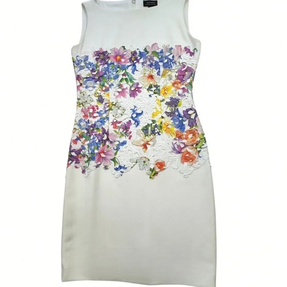 NWT‎ Tahari ASL Floral Lace Sheath Dress Womens 2 Cream Watercolor Pastel Spring